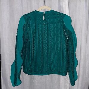 Calligraphie Ruffles & Crochet Emerald Green Balloon Sleeve Blouse
